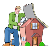 Giant man holding a magnifying glass, opening the roof of a house to inspect inside